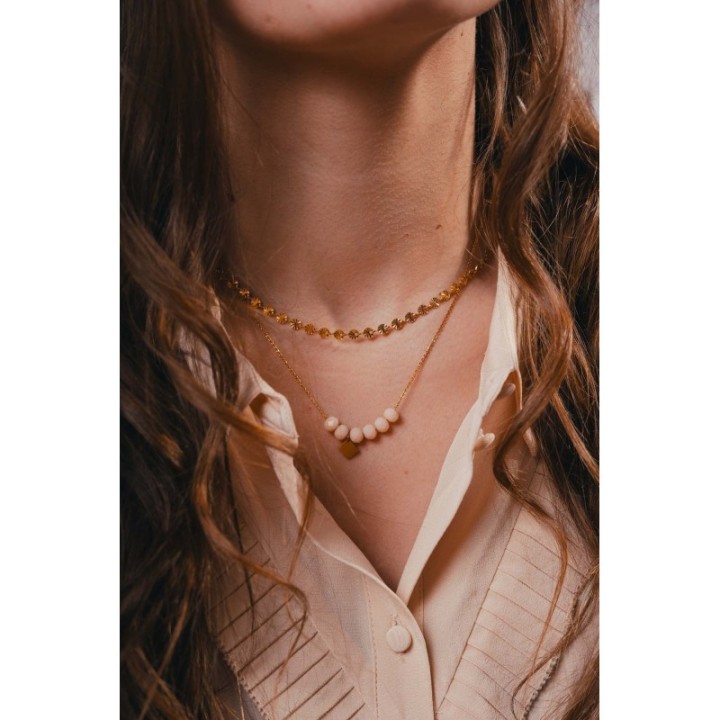COLLIER PERLES FACETTES ROSES ACIER INOXYDABLE GOLD PETIT PRIX