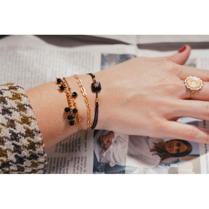 BRACELET DOUBLE RANGS PERLES NOIRES ACIER INOXYDABLE GOLD PETIT PRIX