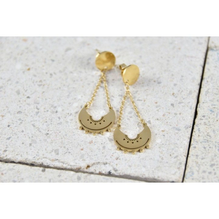 BOUCLES PENDANTES CHAINETTE LUNE ACIER INOXYDABLE GOLD PETIT PRIX