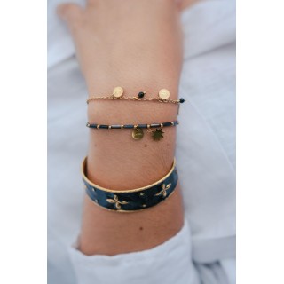 BRACELET PERLES GRIS METALLISE MEDAILLON ACIER INOX GOLD PETIT PRIX