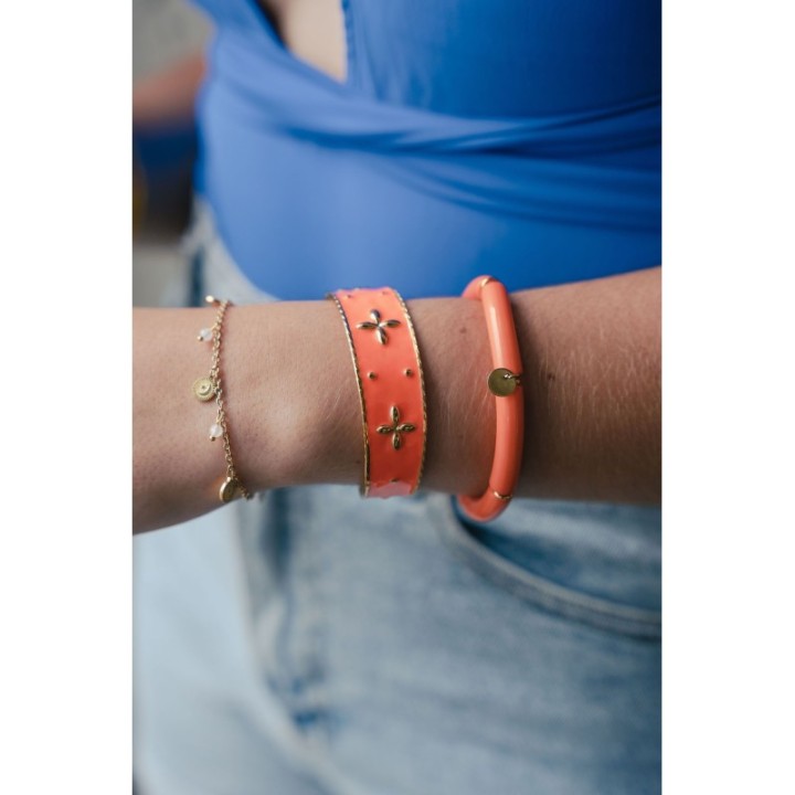 BRACELET PERLES GRIS METALLISE MEDAILLON ACIER INOX GOLD PETIT PRIX