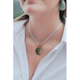 COLLIER CORDON BLANC PASTILLE RONDE ACIER INOXYDABLE GOLD PETIT PRIX