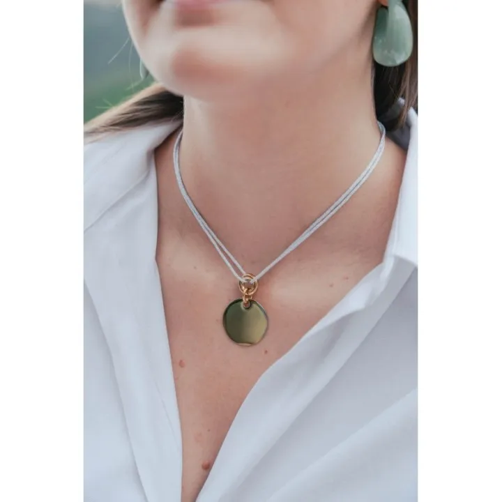 COLLIER CORDON BLANC PASTILLE RONDE ACIER INOXYDABLE GOLD PETIT PRIX