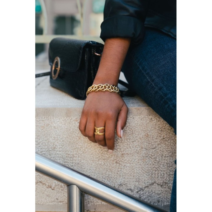 BAGUE DOUBLE ANNEAU GRAVE ENTRELACE ACIER INOX GOLD PETIT PRIX