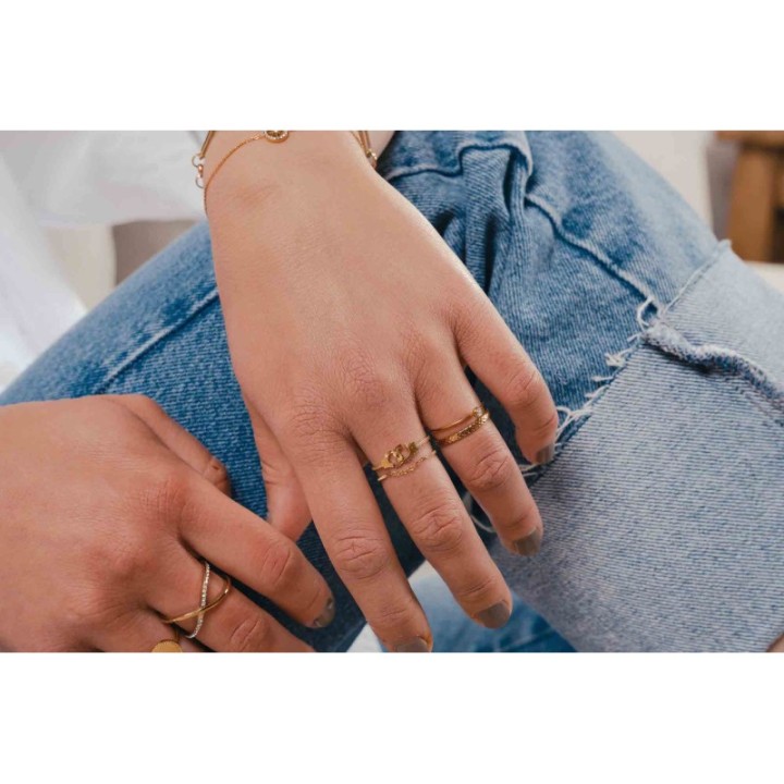 BAGUE DOUBLE ANNEAU MENOTTES CHAINE ACIER INOXYDABLE GOLD PETIT PRIX