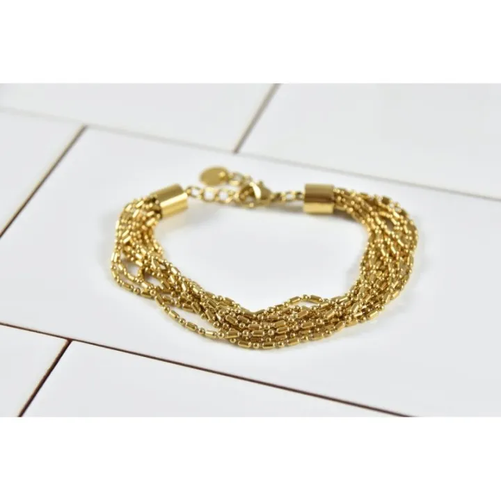 BRACELET PERLES GRIS METALLISE MEDAILLON ACIER INOX GOLD PETIT PRIX