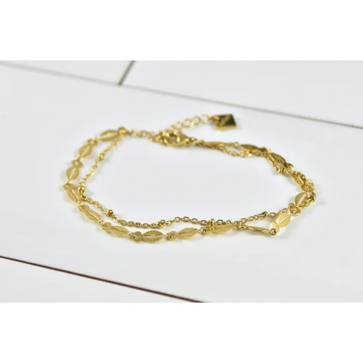 BRACELET PERLES GRIS METALLISE MEDAILLON ACIER INOX GOLD PETIT PRIX