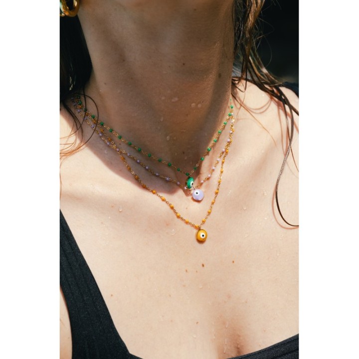 COLLIER PERLES ET OEIL VERTS ACIER INOXYDABLE GOLD PETIT PRIX