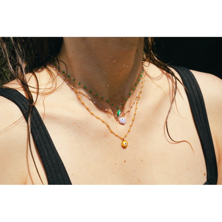 COLLIER PERLES ET OEIL VERTS ACIER INOXYDABLE GOLD PETIT PRIX