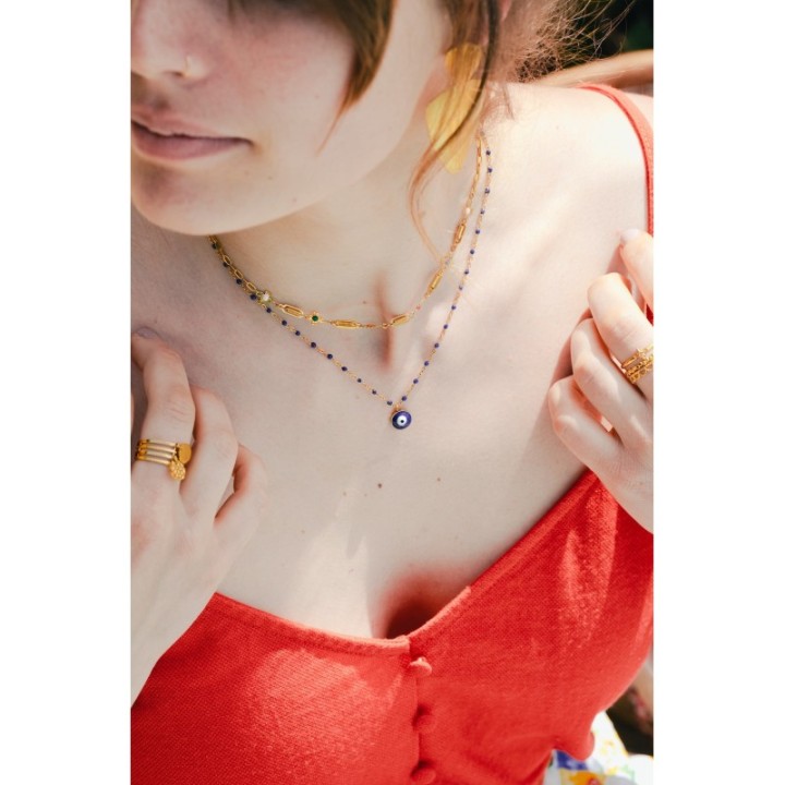 COLLIER PERLES ET OEIL BLEUS MARINE ACIER INOXYDABLE GOLD PETIT PRIX