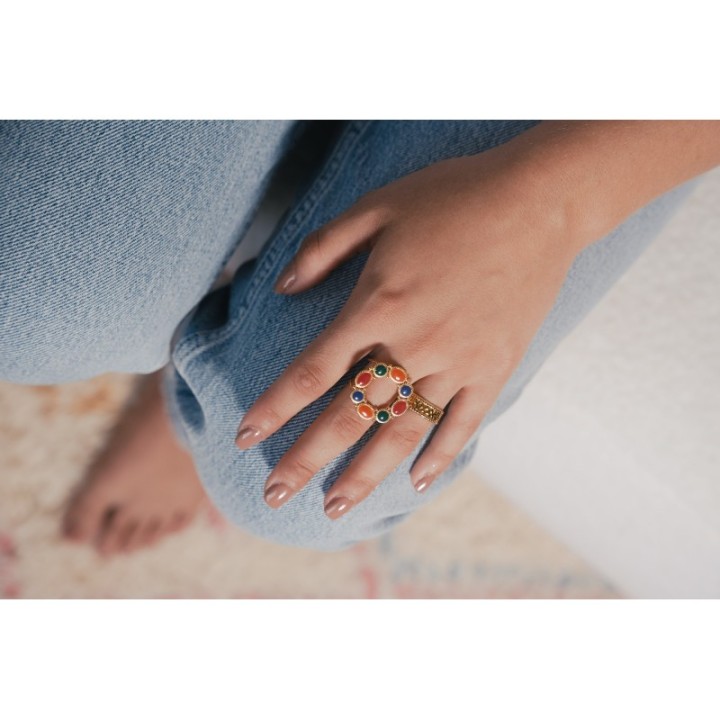 BAGUE MARTELEE PASTILLES MULTICOLORES ACIER INOXYDABLE GOLD PETIT PRIX