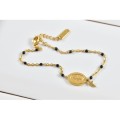 BRACELET PERLES GRIS METALLISE MEDAILLON ACIER INOX GOLD PETIT PRIX