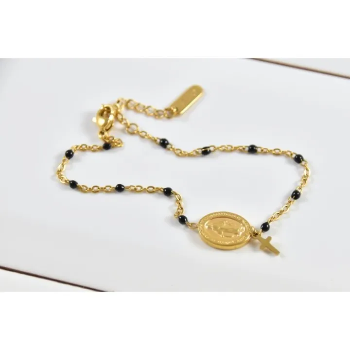 BRACELET NOIR MADONE ET CROIX ACIER INOXYDABLE GOLD PETIT PRIX