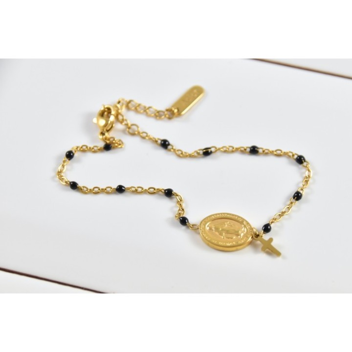 BRACELET PERLES GRIS METALLISE MEDAILLON ACIER INOX GOLD PETIT PRIX