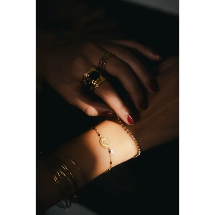 BRACELET NOIR MADONE ET CROIX ACIER INOXYDABLE GOLD PETIT PRIX
