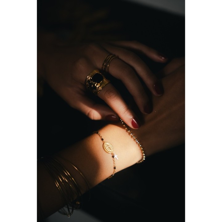 BRACELET PERLES GRIS METALLISE MEDAILLON ACIER INOX GOLD PETIT PRIX