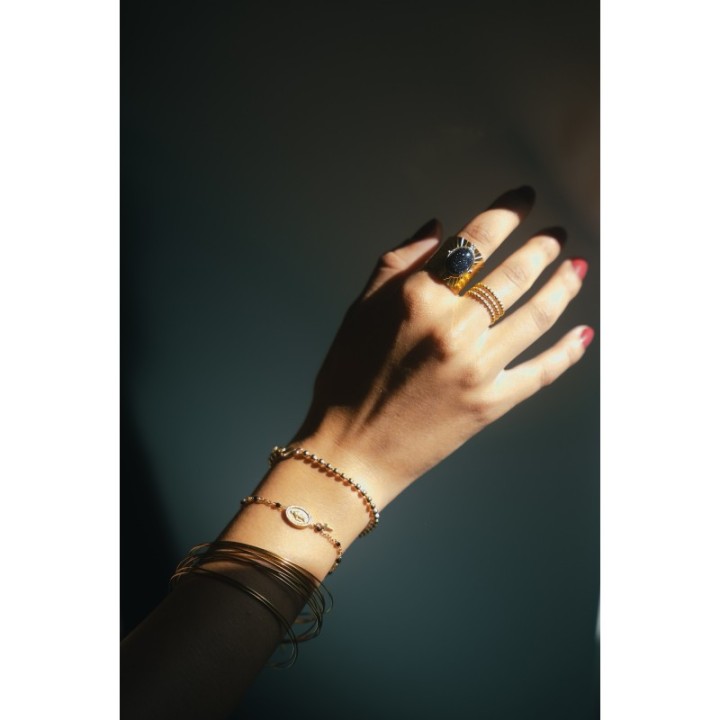 BRACELET PERLES GRIS METALLISE MEDAILLON ACIER INOX GOLD PETIT PRIX