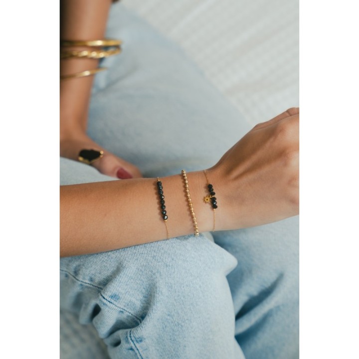 BRACELET PERLES GRIS METALLISE MEDAILLON ACIER INOX GOLD PETIT PRIX