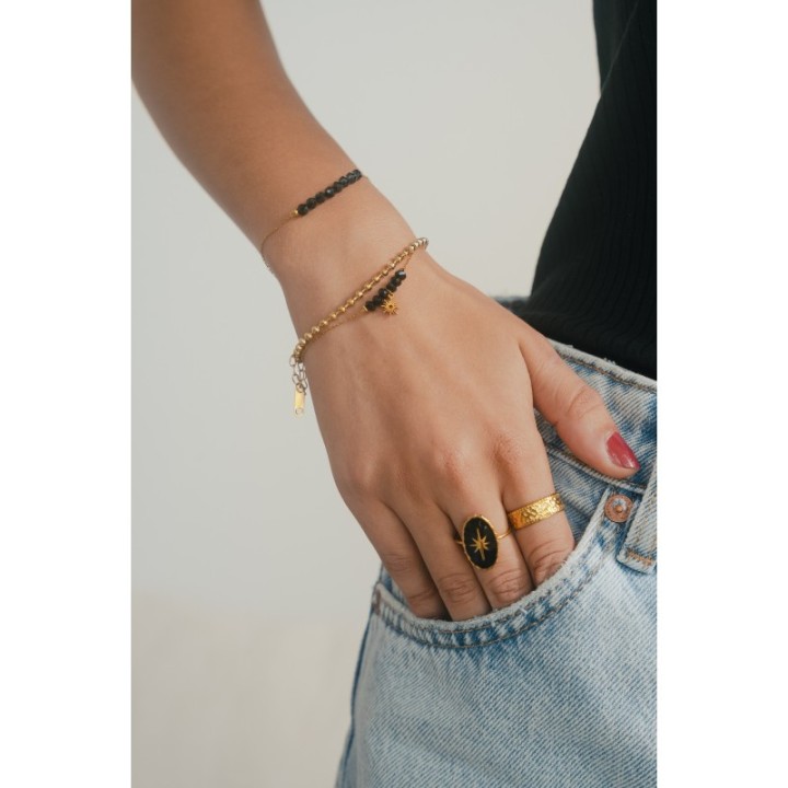 BRACELET PERLES GRIS METALLISE MEDAILLON ACIER INOX GOLD PETIT PRIX