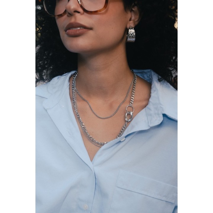 COLLIER GROSSE MAILLE DEUX ANNEAUX ACIER INOXYDABLE SILVER PETIT PRIX