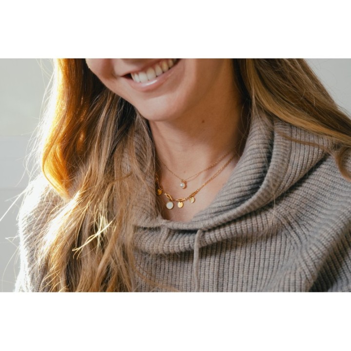 BRACELET PERLES GRIS METALLISE MEDAILLON ACIER INOX GOLD PETIT PRIX