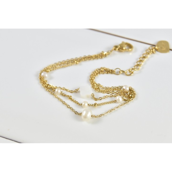BRACELET TRIPLE NACRE TREFLE ET PERLES ACIER INOXYDABLE GOLD PETIT PRI