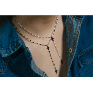 COLLIER PERLES NOIRES ET DOUBLE CROIX ACIER INOXYDABLE SILVER PETIT PR