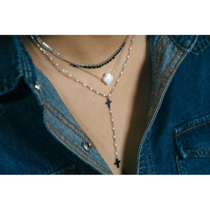 COLLIER PERLES BLANCHES ET DOUBLE CROIX ACIER INOXYDABLE SILVER PETIT
