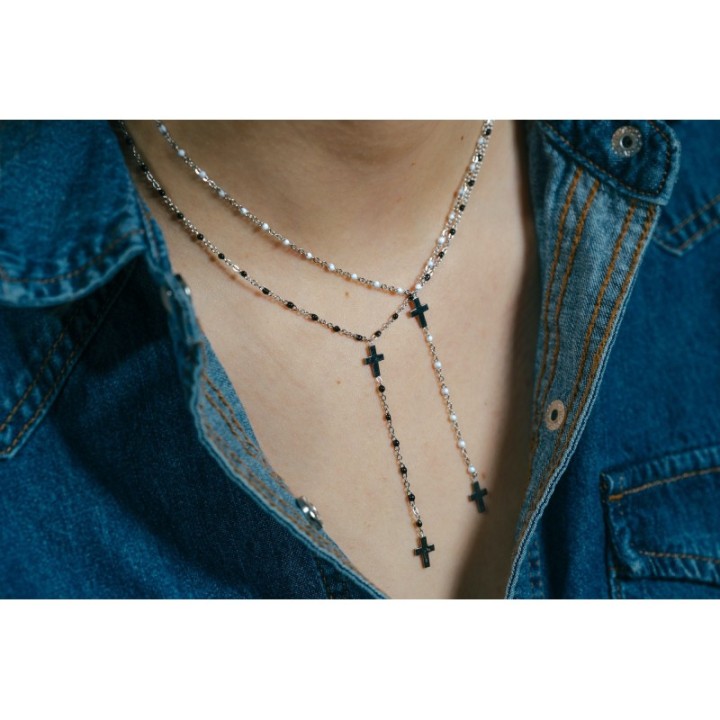 COLLIER PERLES BLANCHES ET DOUBLE CROIX ACIER INOXYDABLE SILVER PETIT