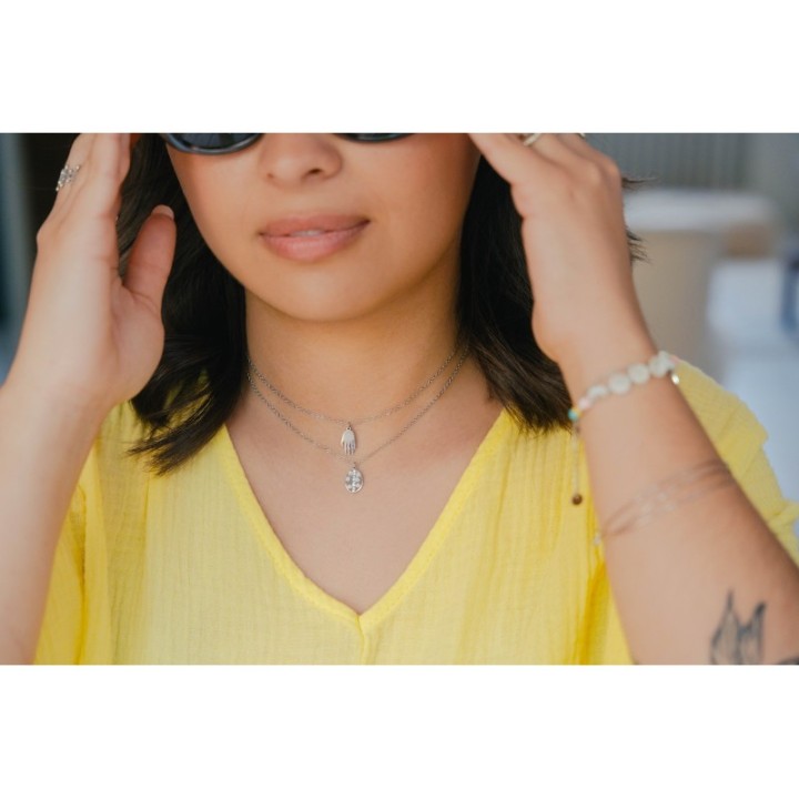 COLLIER MAIN GRAVEE SOLEIL OEIL ACIER INOXYDABLE SILVER PETIT PRIX