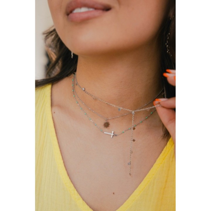COLLIER PERLES VERTES CROIX ACIER INOXYDABLE SILVER PETIT PRIX