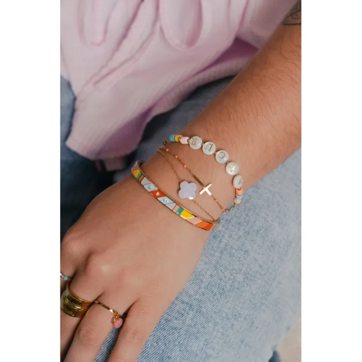 BRACELET PERLES ROSES CROIX ACIER INOXYDABLE GOLD PETIT PRIX