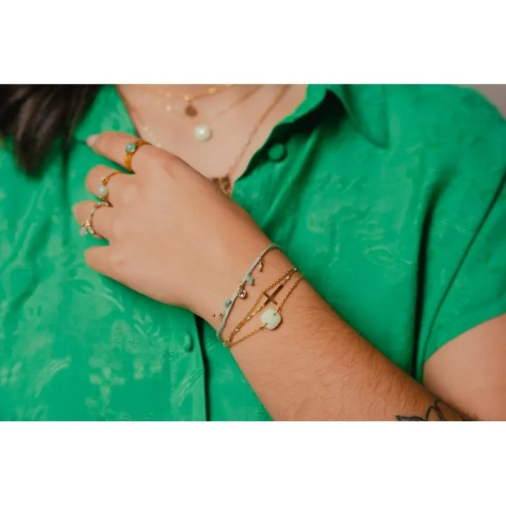 BRACELET PERLES VERTES CROIX ACIER INOXYDABLE GOLD PETIT PRIX