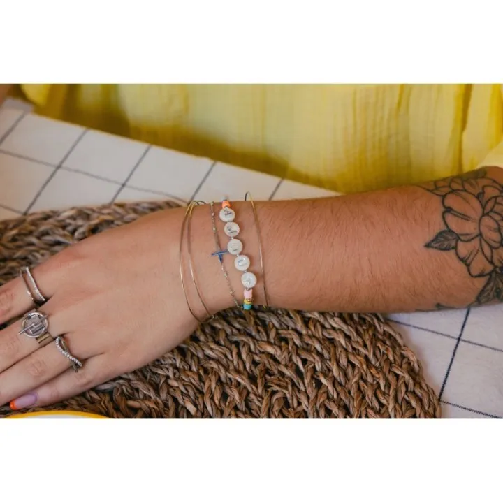 BRACELET PERLES GRIS METALLISE MEDAILLON ACIER INOX GOLD PETIT PRIX