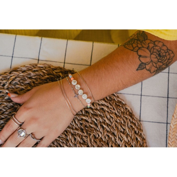 BRACELET PERLES GRIS METALLISE MEDAILLON ACIER INOX GOLD PETIT PRIX