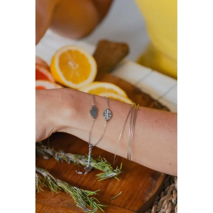 BRACELET PERLES GRIS METALLISE MEDAILLON ACIER INOX GOLD PETIT PRIX