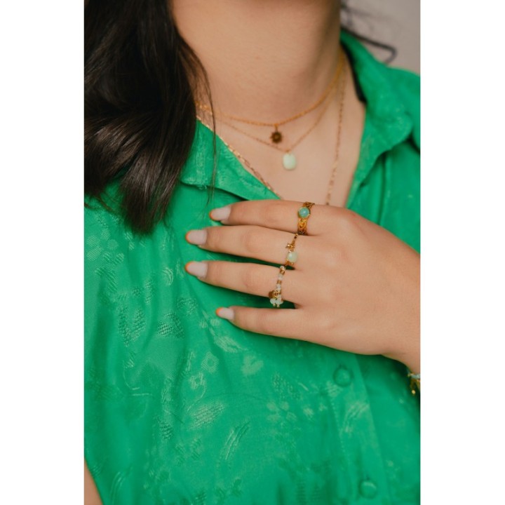 BAGUE PERLES VERTES COEUR ETOILE ACIER INOXYDABLE GOLD PETIT PRIX