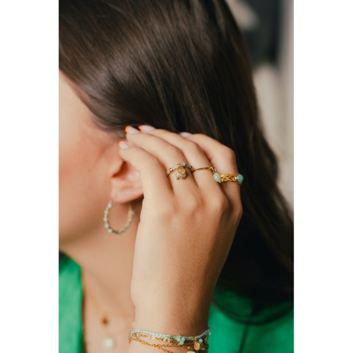 BAGUE PERLES VERTES COEUR ETOILE ACIER INOXYDABLE GOLD PETIT PRIX