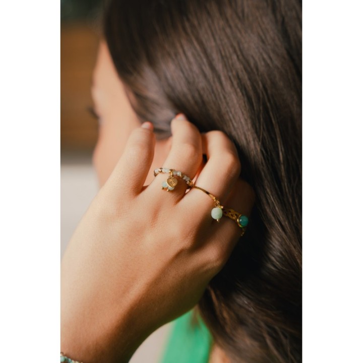 BAGUE PERLES VERTES COEUR ETOILE ACIER INOXYDABLE GOLD PETIT PRIX