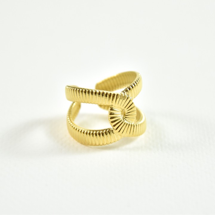 BAGUE DOUBLE ANNEAU GRAVE ENTRELACE ACIER INOX GOLD PETIT PRIX
