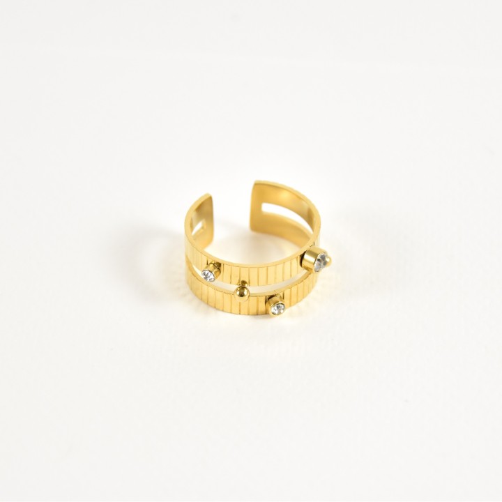 BAGUE DOUBLE GRAVEE PERLES ET STRASS ACIER INOXYDABLE GOLD PETIT PRIX