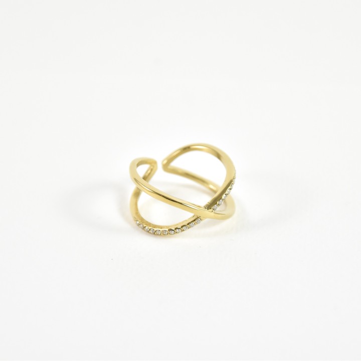 BAGUE DOUBLE EN CROIX STRASS ACIER INOXYDABLE GOLD PETIT PRIX