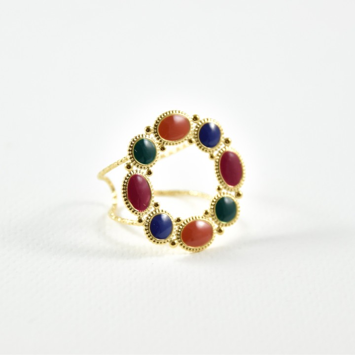 BAGUE MARTELEE PASTILLES MULTICOLORES ACIER INOXYDABLE GOLD PETIT PRIX