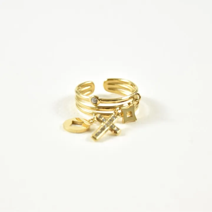 BAGUE PAMPILLES RONDE LOSANGE CROIX ACIER INOXYDABLE GOLD PETIT PRIX