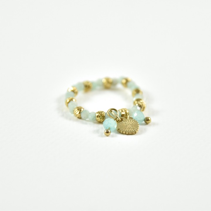 BAGUE PERLES VERTES COEUR ETOILE ACIER INOXYDABLE GOLD PETIT PRIX