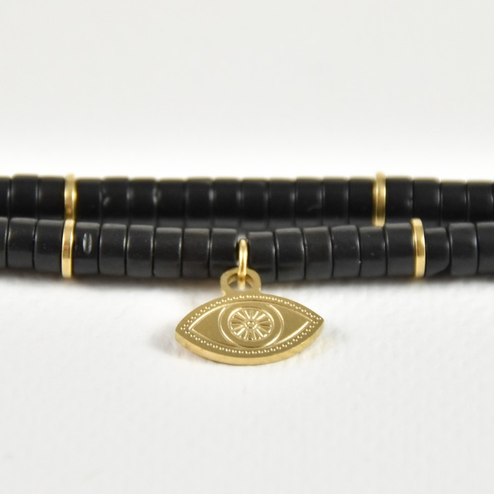 BRACELET HEISHI NOIR OEIL GOLD ACIER INOXYDABLE GOLD PETIT PRIX