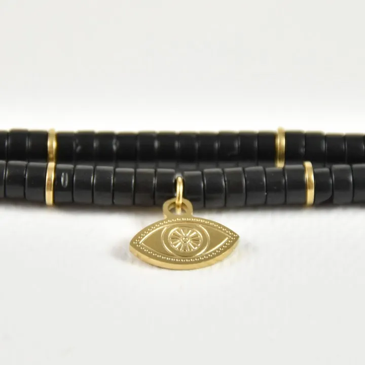 BRACELET HEISHI NOIR OEIL GOLD ACIER INOXYDABLE GOLD PETIT PRIX