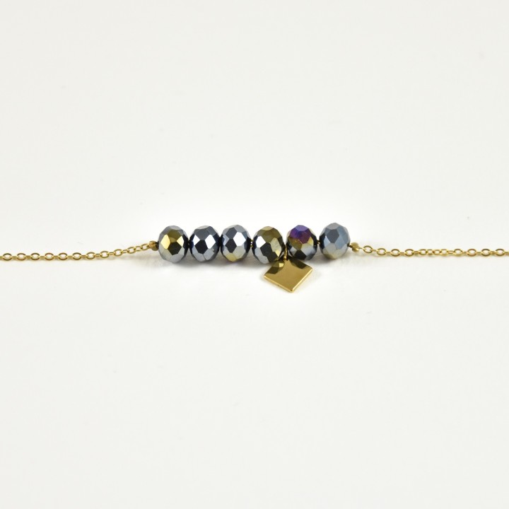 BRACELET PERLES GRIS METALLISE MEDAILLON ACIER INOX GOLD PETIT PRIX