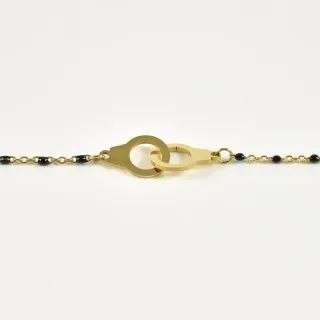 BRACELET PERLES NOIRES MENOTTES ACIER INOXYDABLE GOLD PETIT PRIX