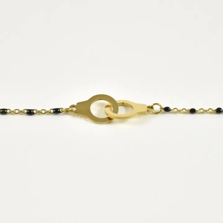 BRACELET PERLES NOIRES MENOTTES ACIER INOXYDABLE GOLD PETIT PRIX